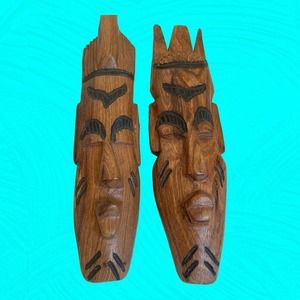 Pair Of Small African Wood Carved Masks With Human Faces 9” Vintage